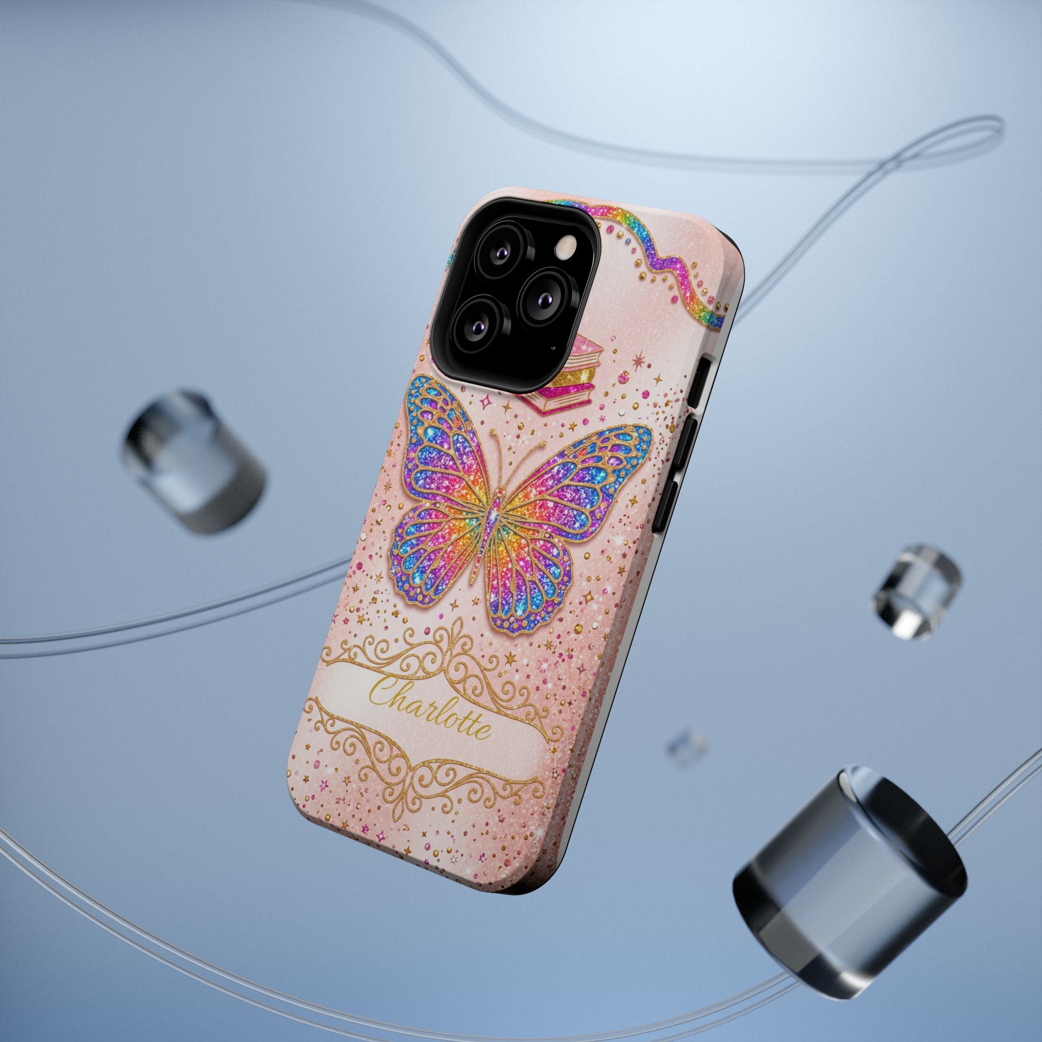 Blush Glitter Butterfly Personalized Teacher Phone Case — Wireless Charging Cover