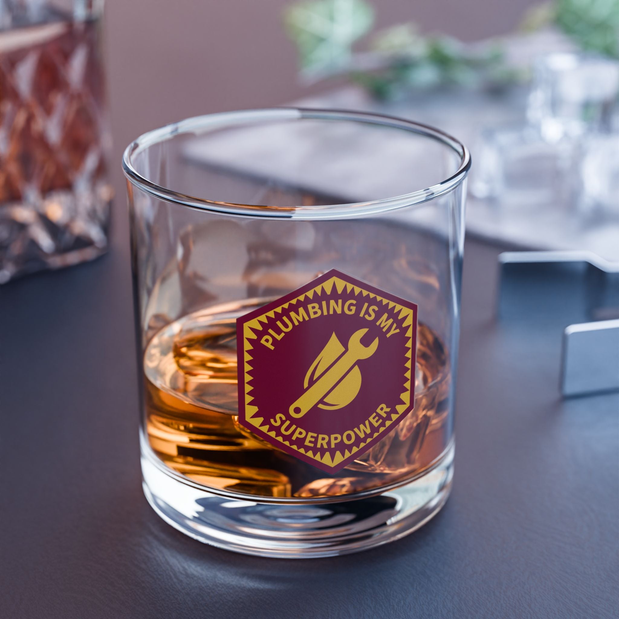 Plumbing Is My Superpower Badge Rocks Glass 10oz — Burgundy & Gold Plumber Glass