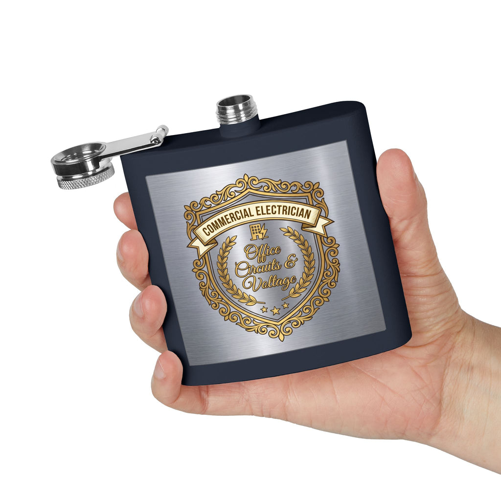 Flask — "Commercial Electrician: Office Circuits & Voltage" (Shield Badge) 6oz Stainless Steel Hip Flask