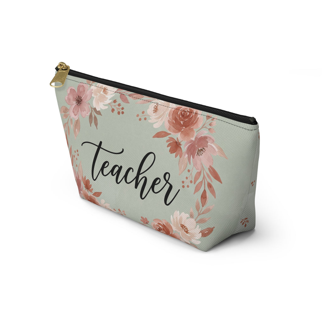 Teacher Floral Watercolor Accessory Pouch — T-Bottom Zipper Bag