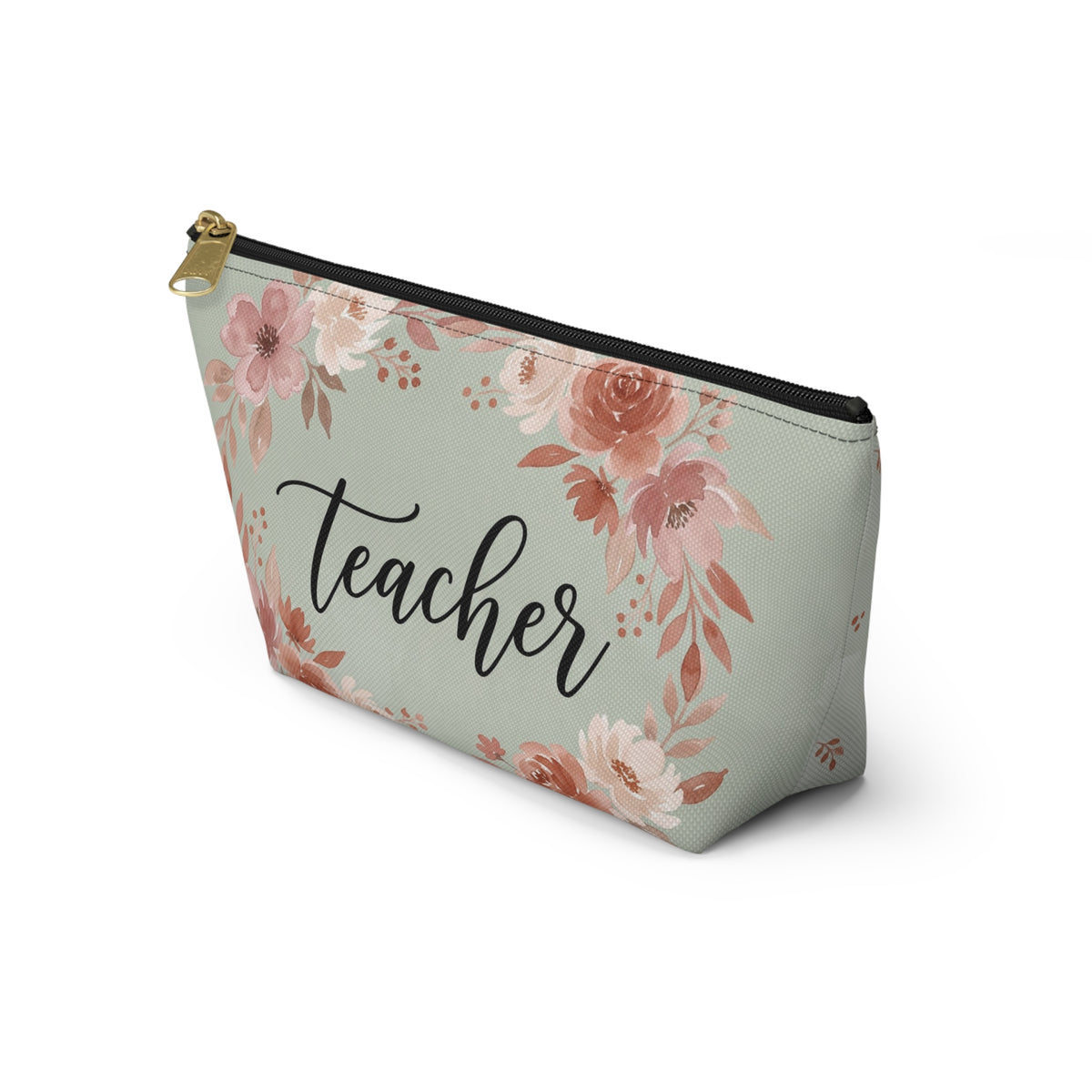 Teacher Floral Watercolor Accessory Pouch — T-Bottom Zipper Bag