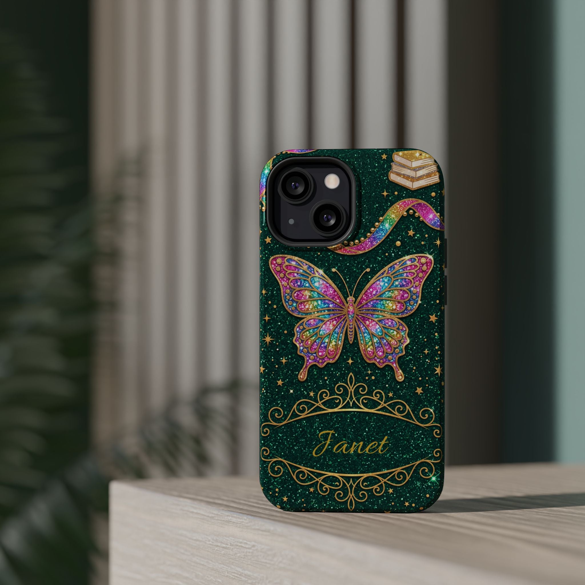Rainbow Glitter Butterfly Personalized Teacher Phone Case — Wireless Charging Cover
