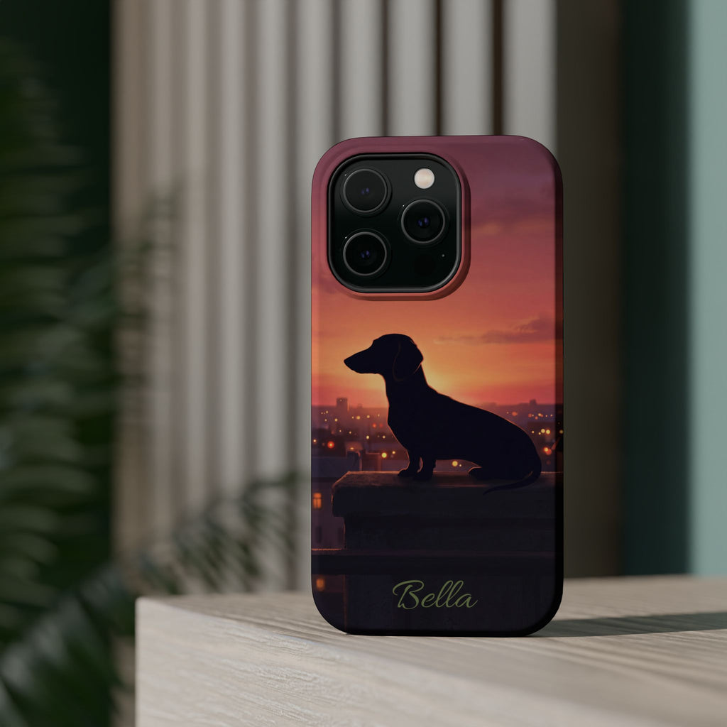 Personalized Dachshund Rooftop Sunset Phone Case — Wireless Charging Cover