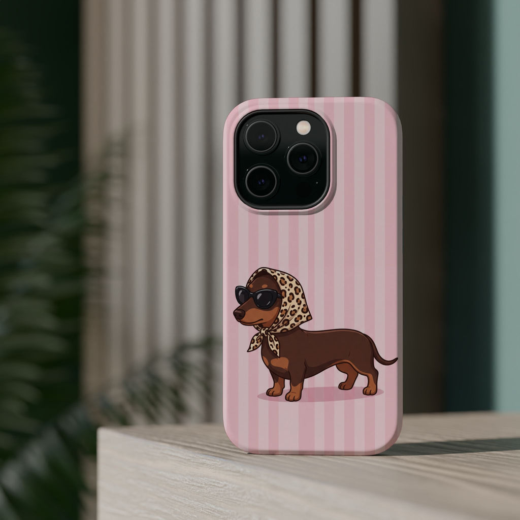Glam Dachshund Phone Case | Cute Sausage Dog in Leopard Scarf & Sunglasses | Pink Stripe Case for iPhone & Samsung