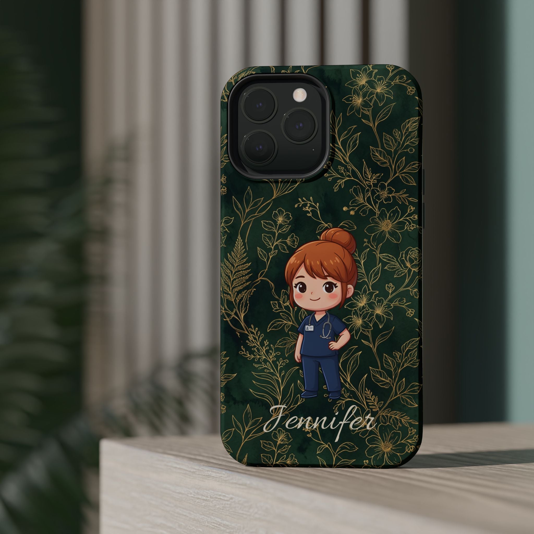 Personalized Nurse Botanical Phone Case — Impact-Resistant Wireless Charging Cover