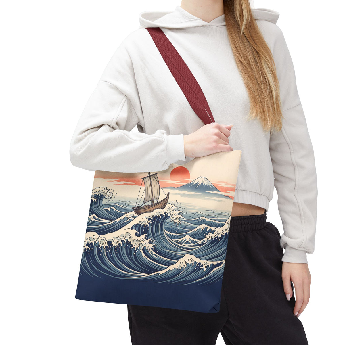 Japanese Wave Sailboat Tote Bag – Woodblock Style Ocean Beach Bag