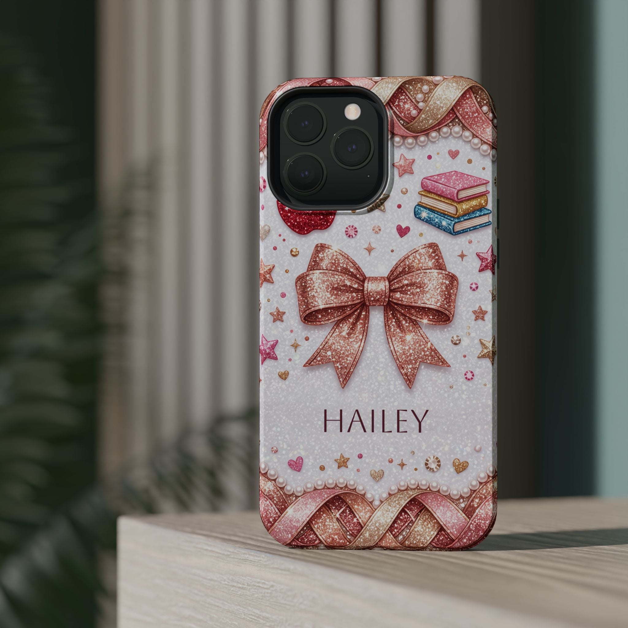 Rose Gold Glitter Bow Personalized Teacher Phone Case — Wireless Charging Cover