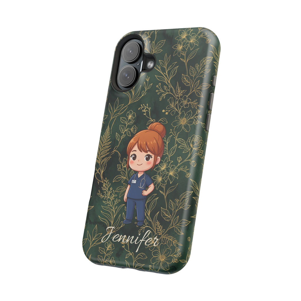 Personalized Nurse Botanical Phone Case — Impact-Resistant Wireless Charging Cover