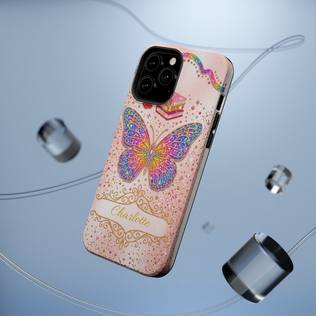 Blush Glitter Butterfly Personalized Teacher Phone Case — Wireless Charging Cover