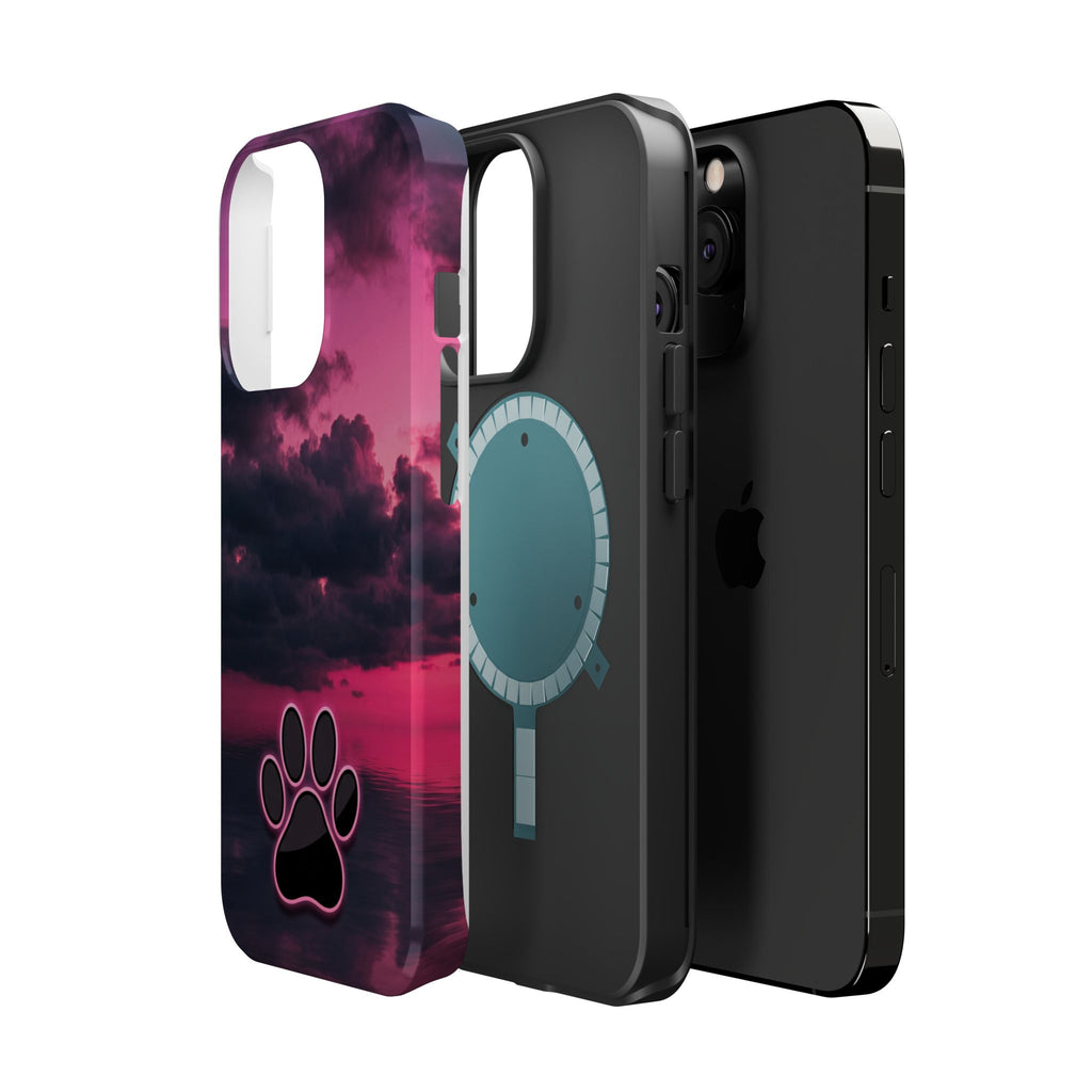 iPhone & Samsung Magnetic Impact-Resistant Phone Case — Pink Twilight Cloud with Paw Print
