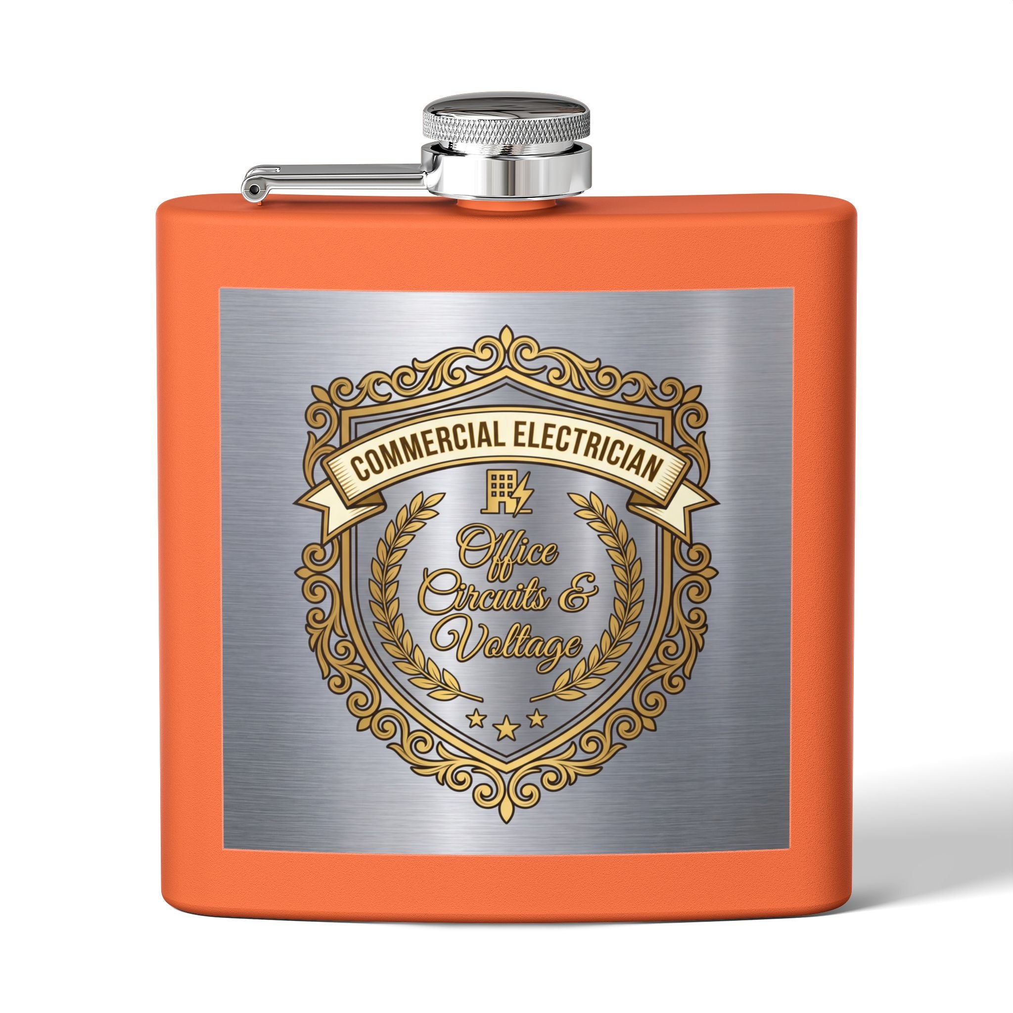 Flask — "Commercial Electrician: Office Circuits & Voltage" (Shield Badge) 6oz Stainless Steel Hip Flask