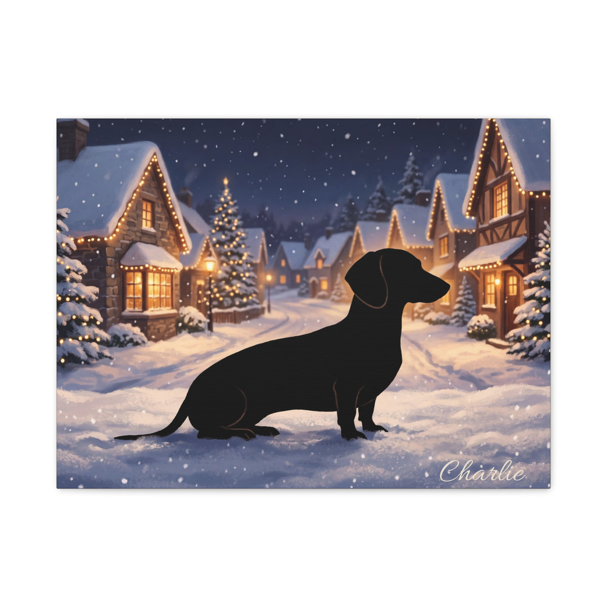 Personalized Dachshund Winter Village Canvas — Stretched Matte Wall Art