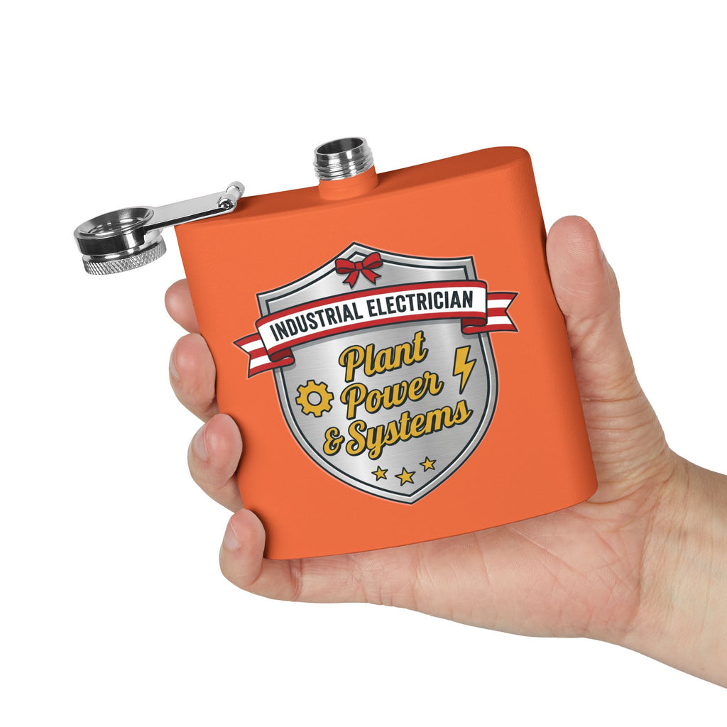 Flask — "Industrial Electrician: Plant Power & Systems" (Shield Badge) 6oz Stainless Steel Hip Flask