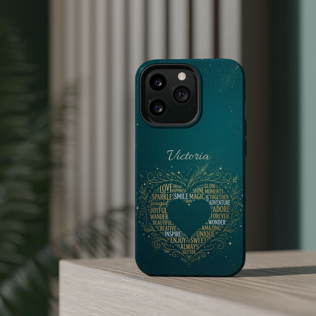 Personalized Teacher Heart Word Art Phone Case — Impact-Resistant Wireless Charging Cover