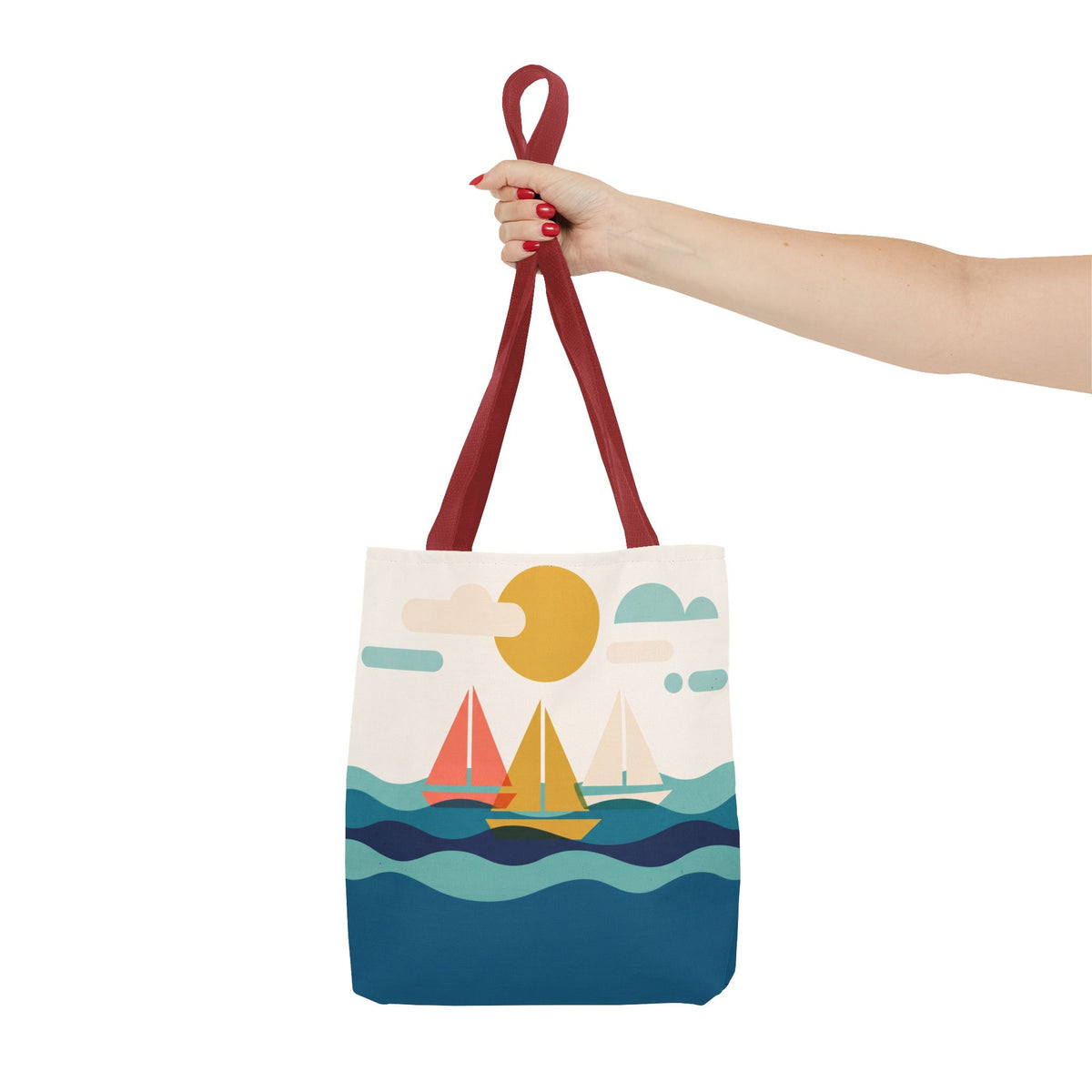 Minimalist Sailboat Tote Bag – Mid-Century Modern Ocean Waves Beach Bag