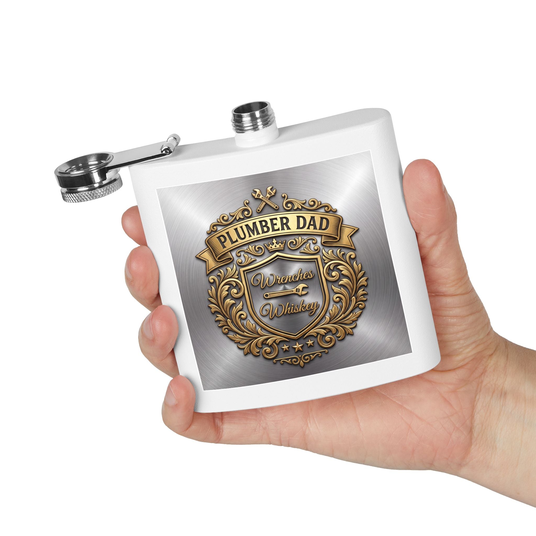 Flask — "Plumber Dad: Wrenches & Whiskey" 6oz Stainless Steel Hip Flask