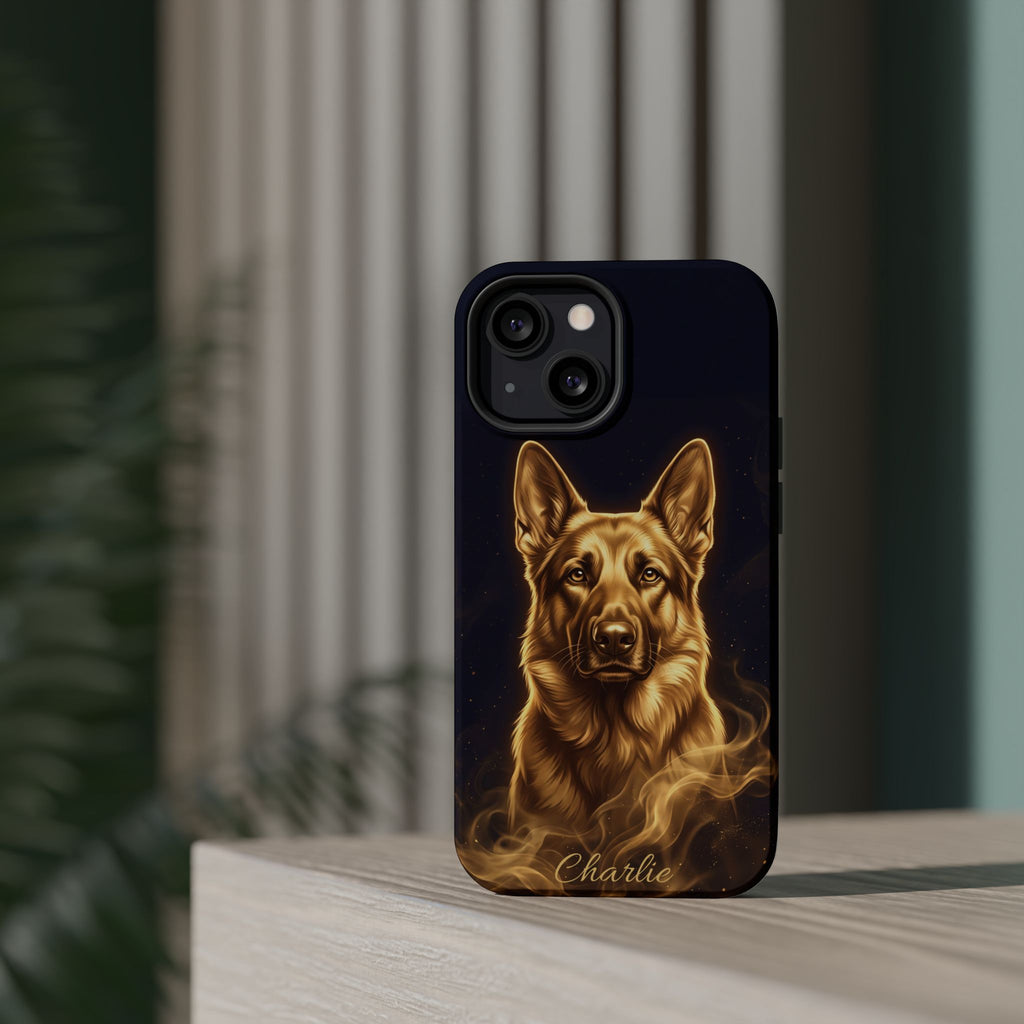 German Shepherd Phone Case | Personalized Gold Glow Art — Tough Magnetic Case with Wireless Charging