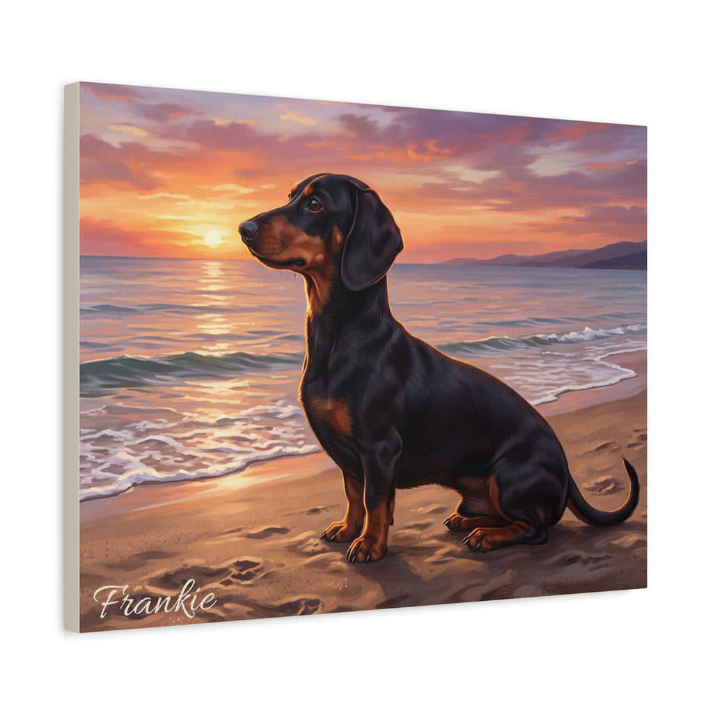 Personalized Dachshund Canvas — Coastal Sunset Scene