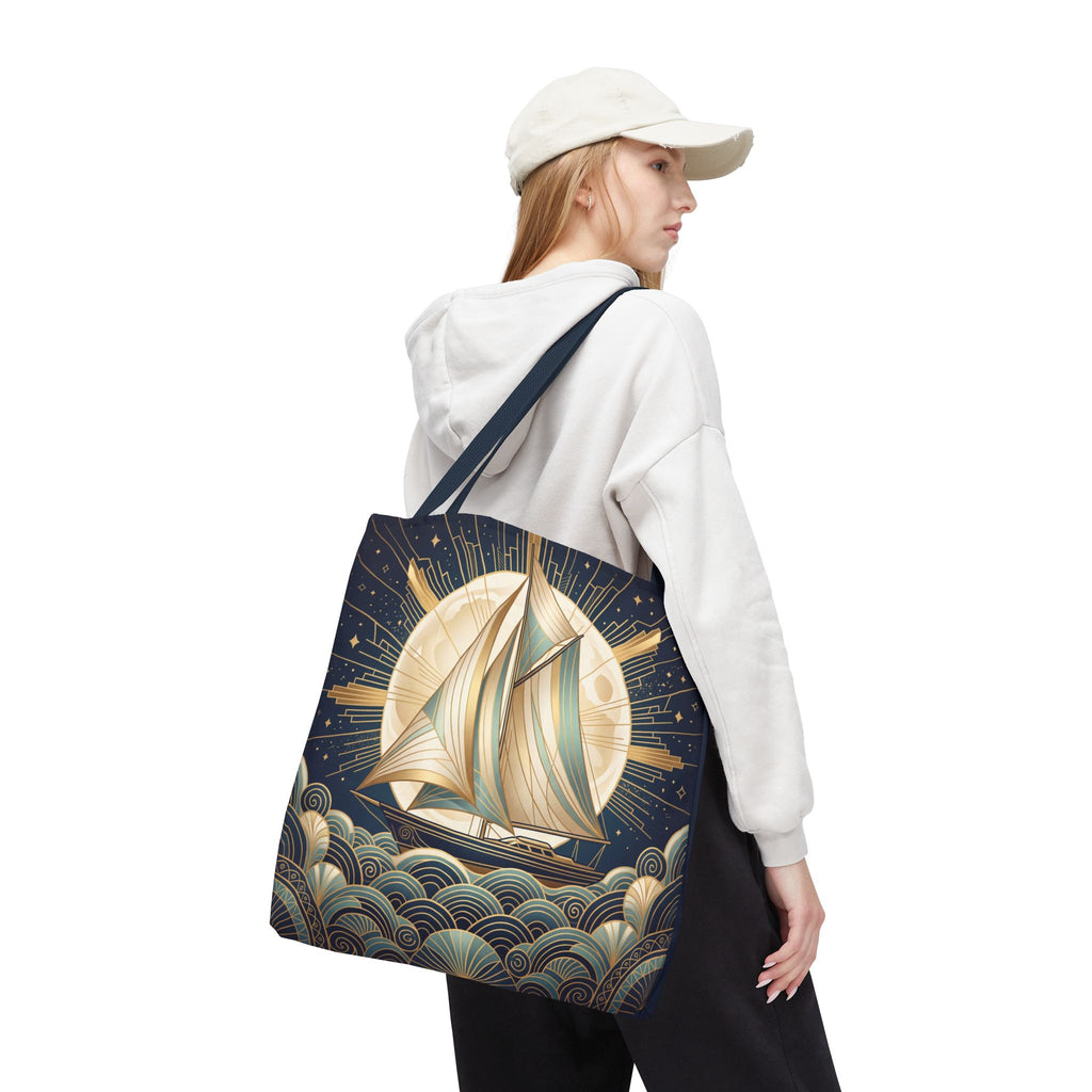 Art Deco Moonlit Sailboat Tote Bag – Starry Night Nautical Beach Bag
