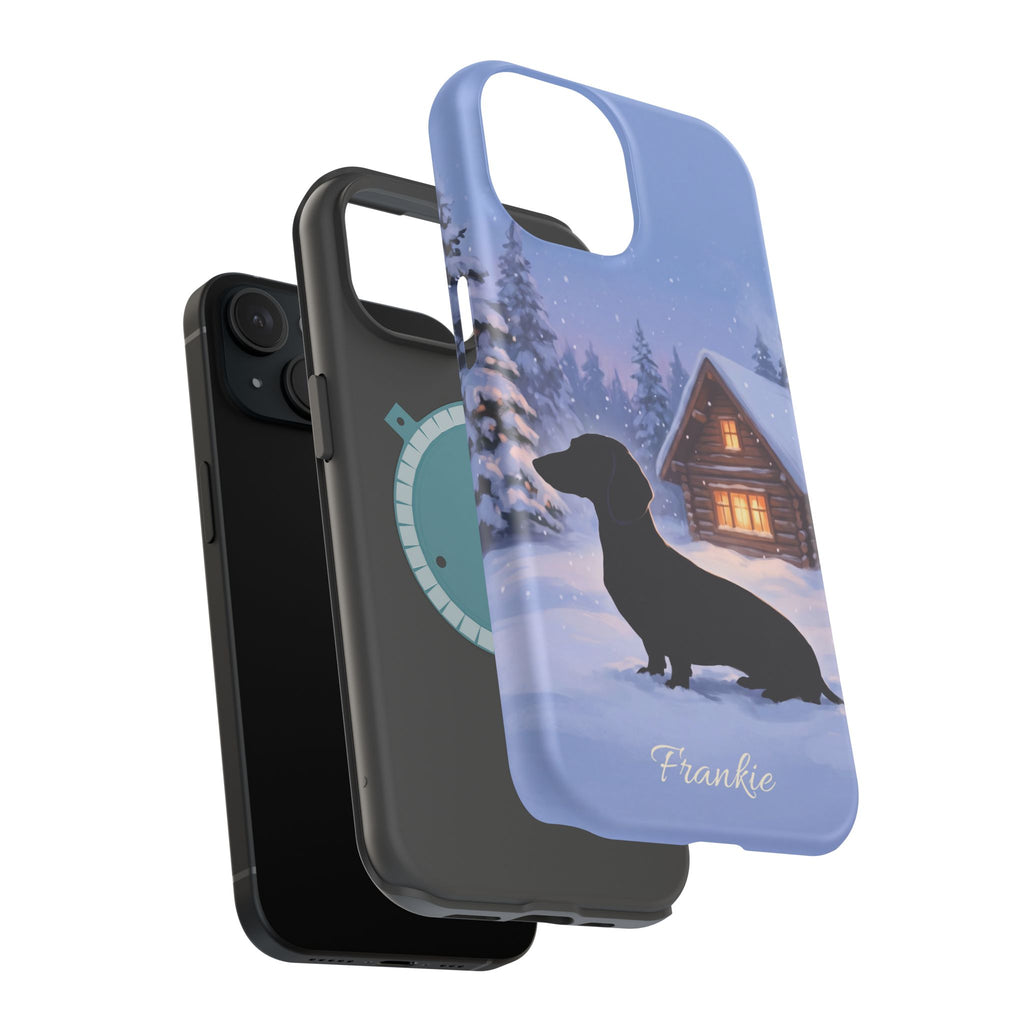 Personalized Dachshund Winter Cabin Phone Case — Wireless Charging Cover