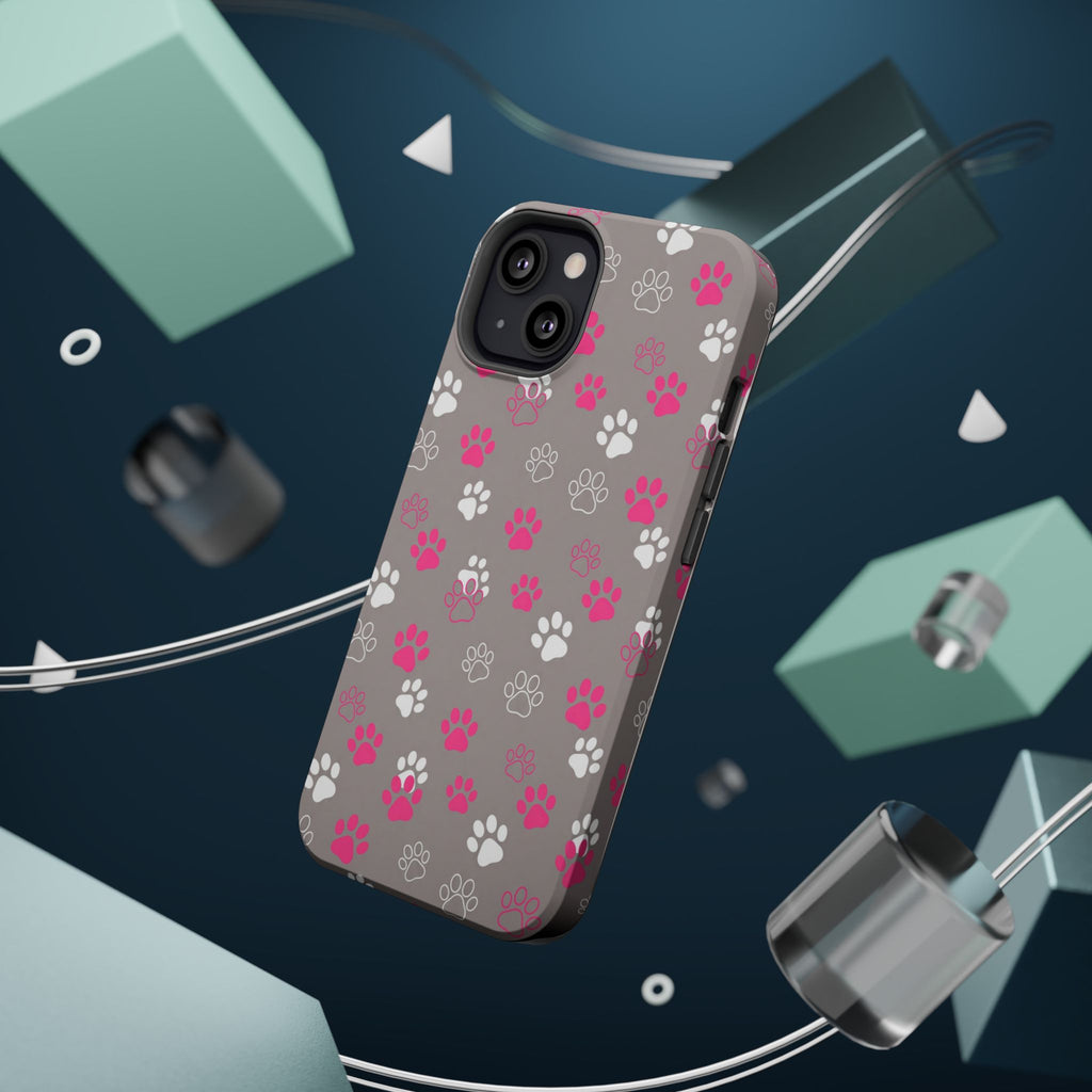 Pink & White Paw Print Phone Case — Impact-Resistant Wireless Charging Cover