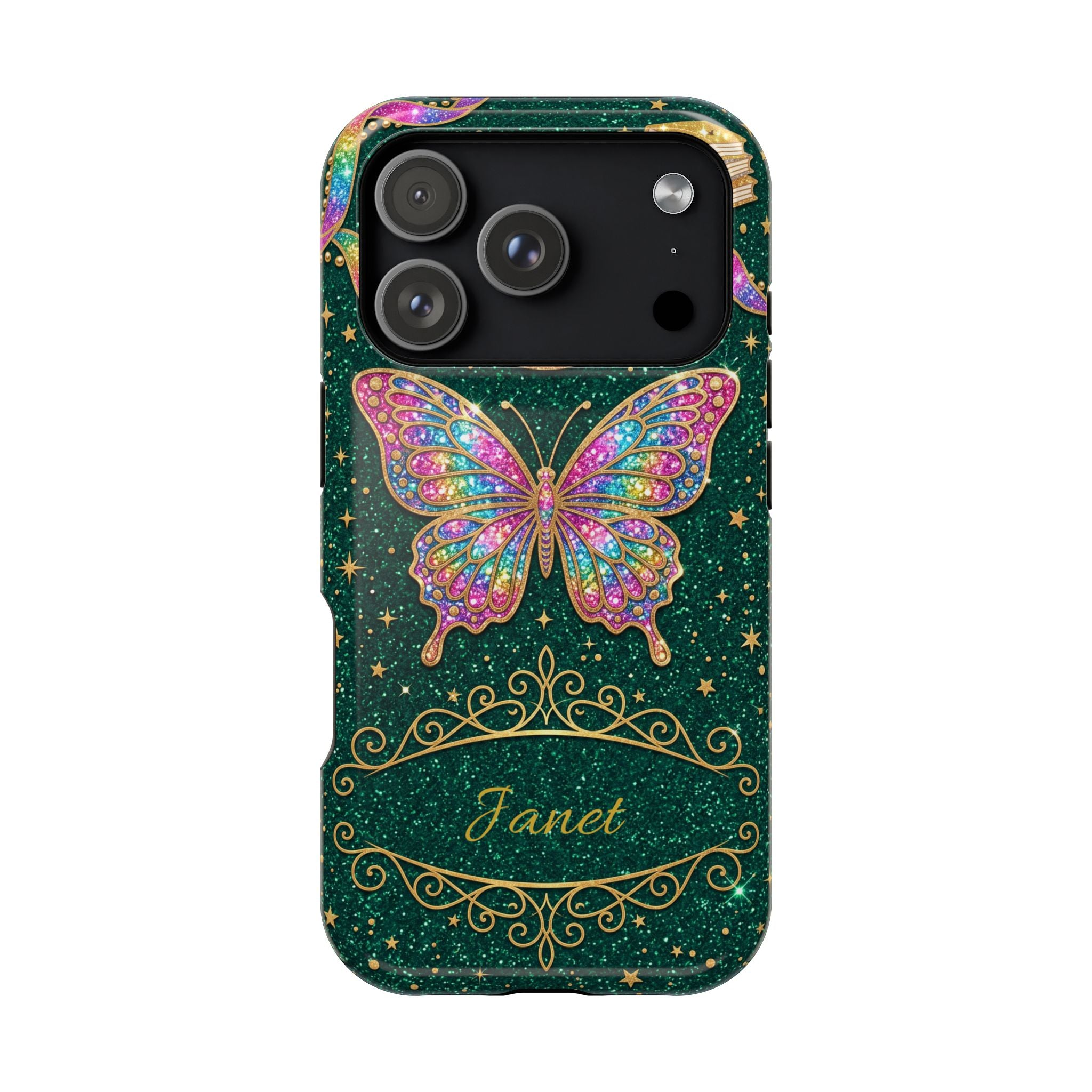 Rainbow Glitter Butterfly Personalized Teacher Phone Case — Wireless Charging Cover