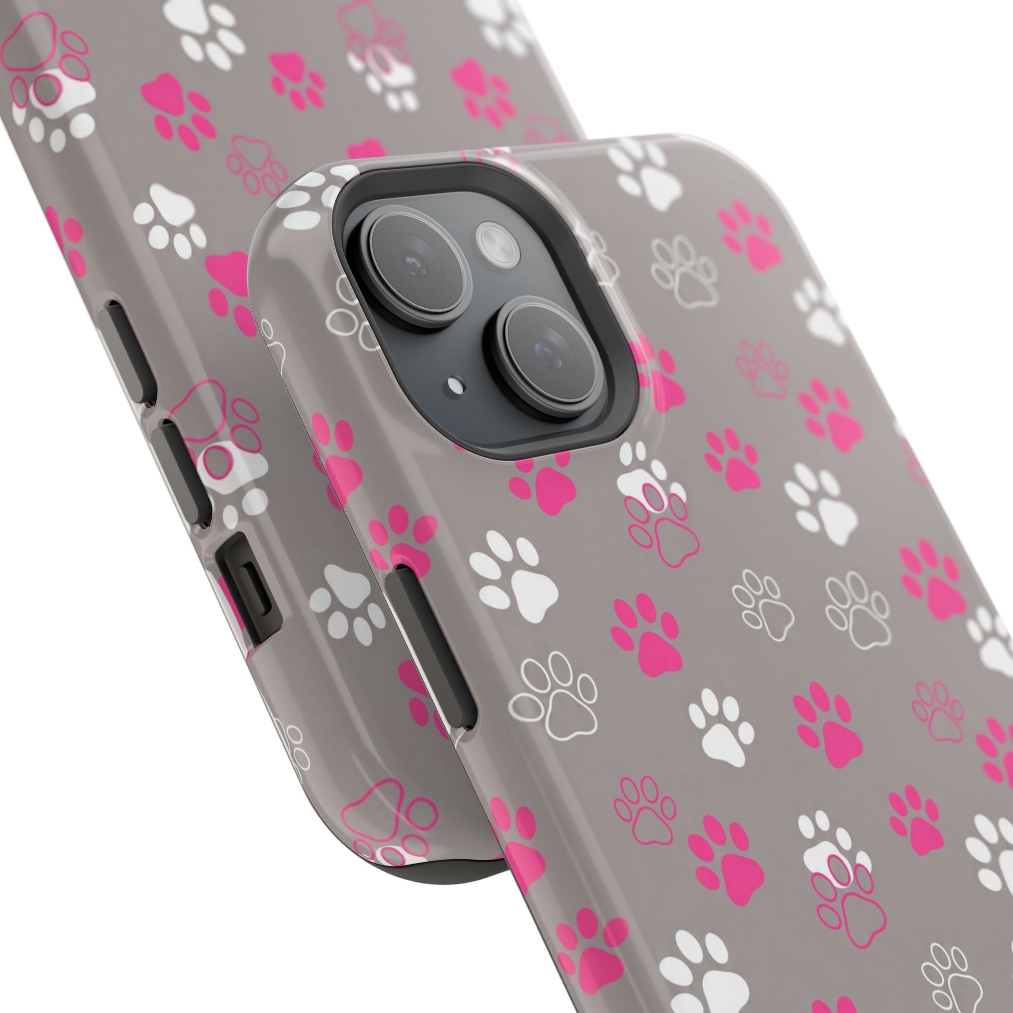 Pink & White Paw Print Phone Case — Impact-Resistant Wireless Charging Cover