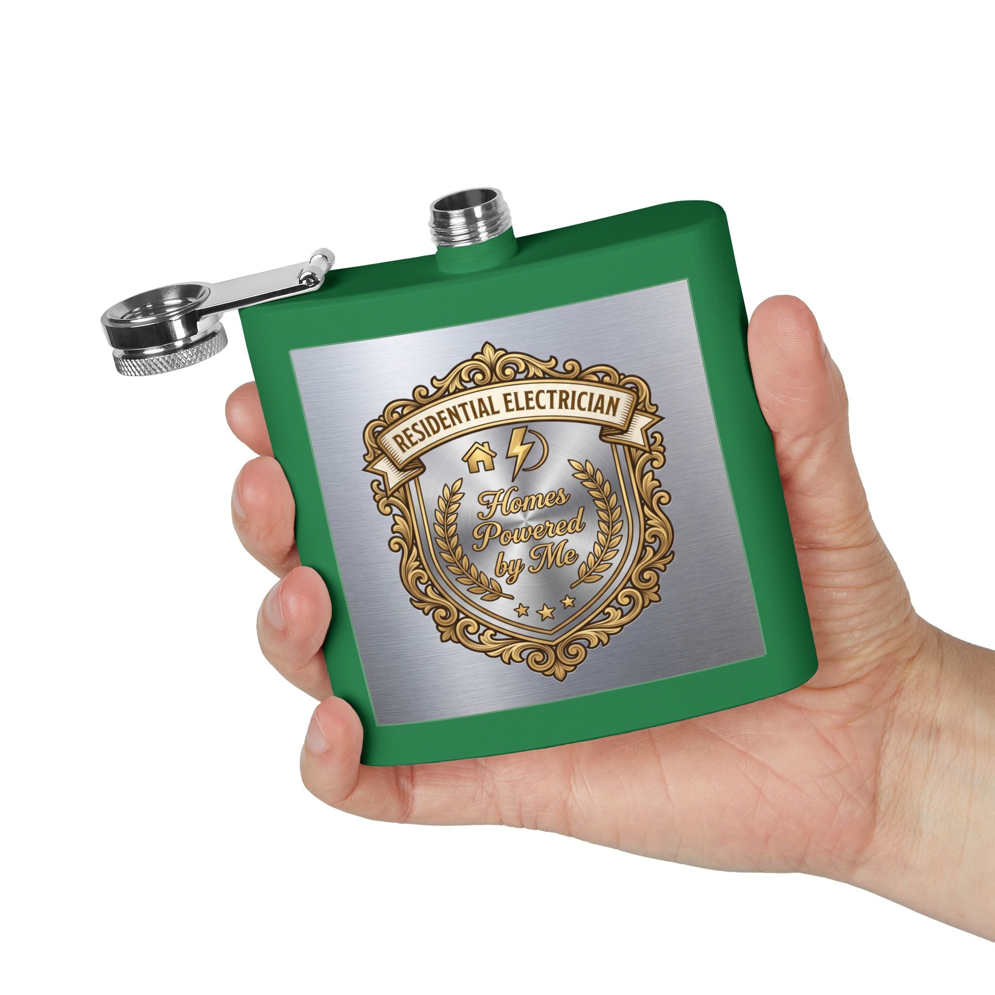 Flask — "Residential Electrician: Homes Powered by Me" (Crest Edition) 6oz Stainless Steel Hip Flask