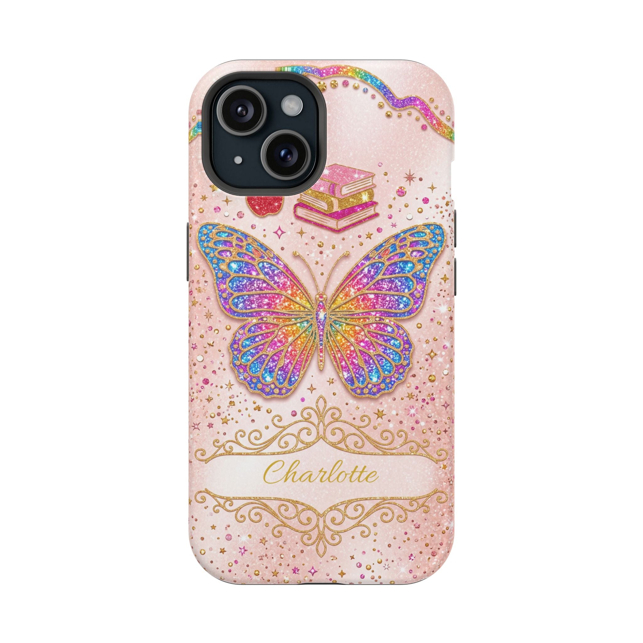 Blush Glitter Butterfly Personalized Teacher Phone Case — Wireless Charging Cover