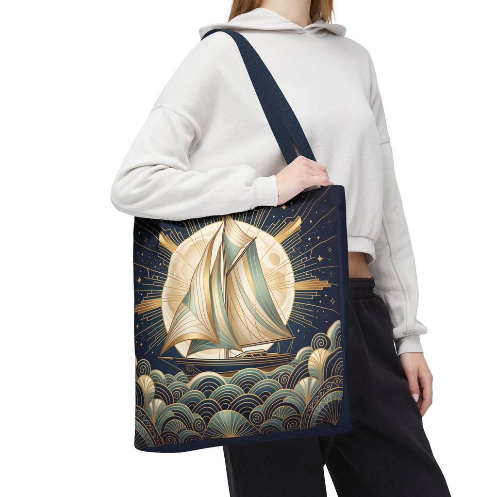 Art Deco Moonlit Sailboat Tote Bag – Starry Night Nautical Beach Bag
