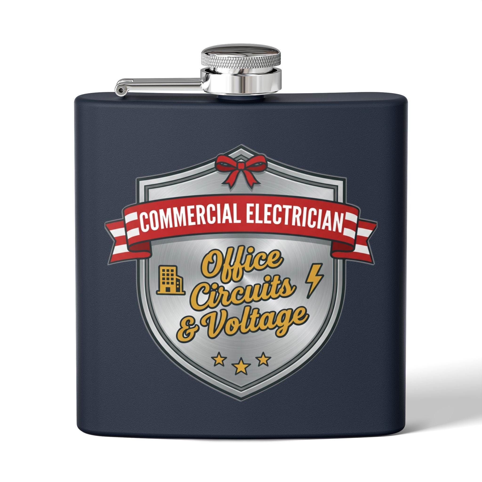 Flask — "Commercial Electrician: Office Circuits & Voltage" (Crest Edition) 6oz Stainless Steel Hip Flask