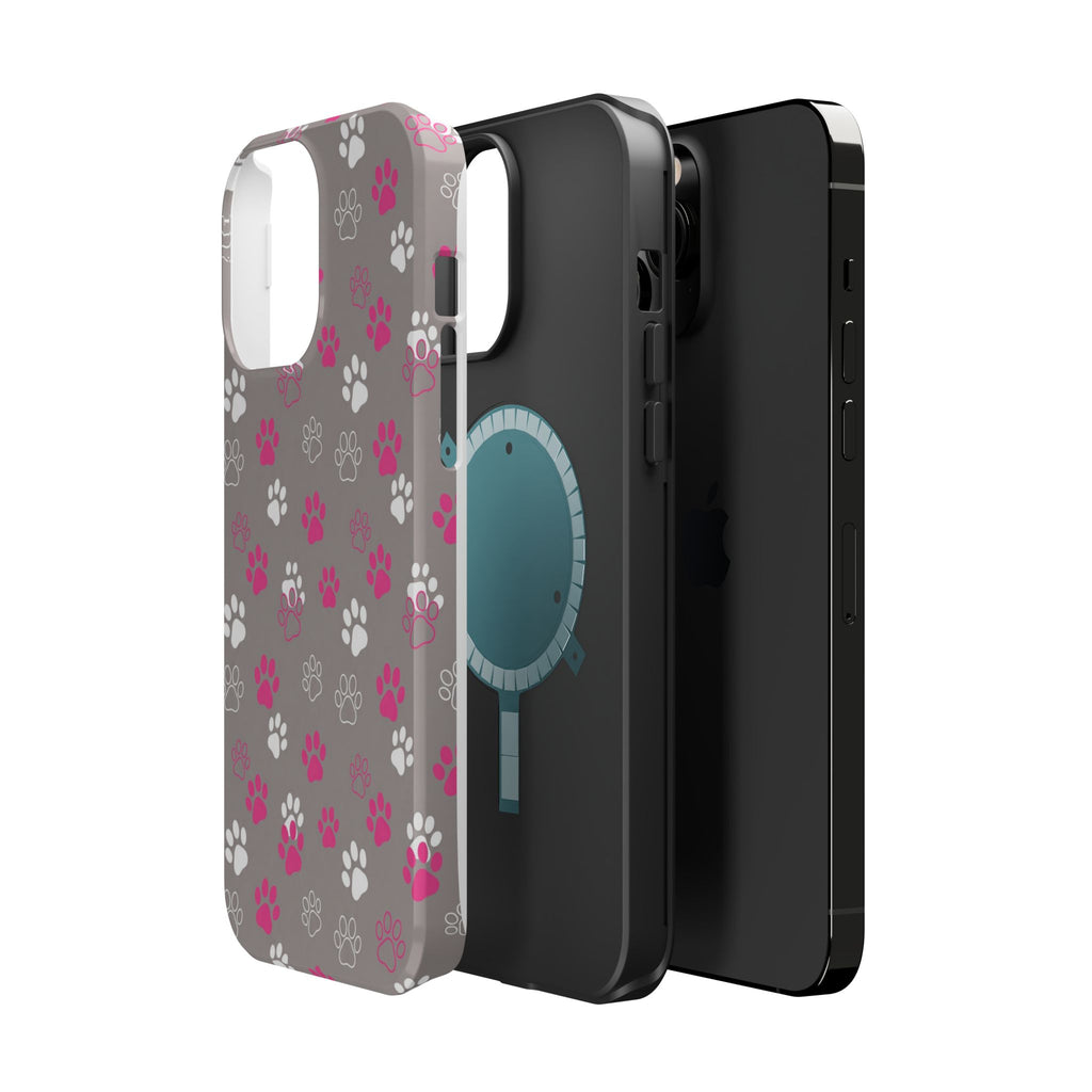 Pink & White Paw Print Phone Case — Impact-Resistant Wireless Charging Cover