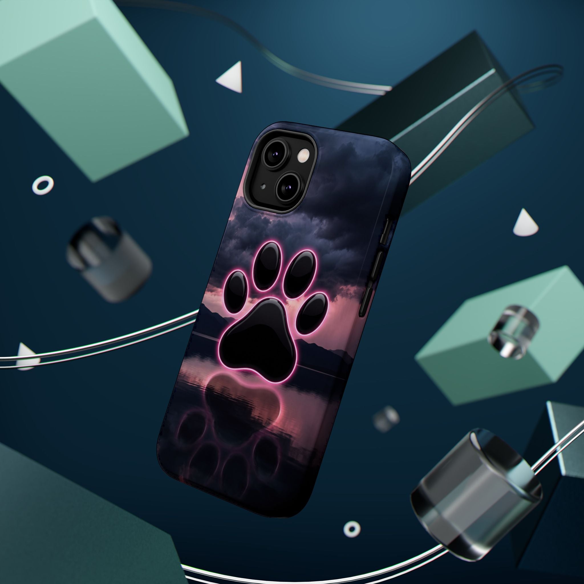 Neon Paw Print Phone Case — Impact-Resistant Wireless Charging Cover