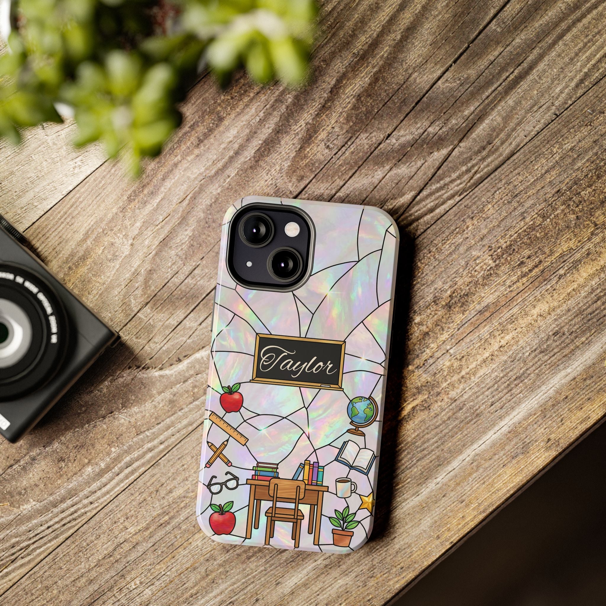 Personalized Teacher Phone Case — Custom Name Stained Glass Classroom Design