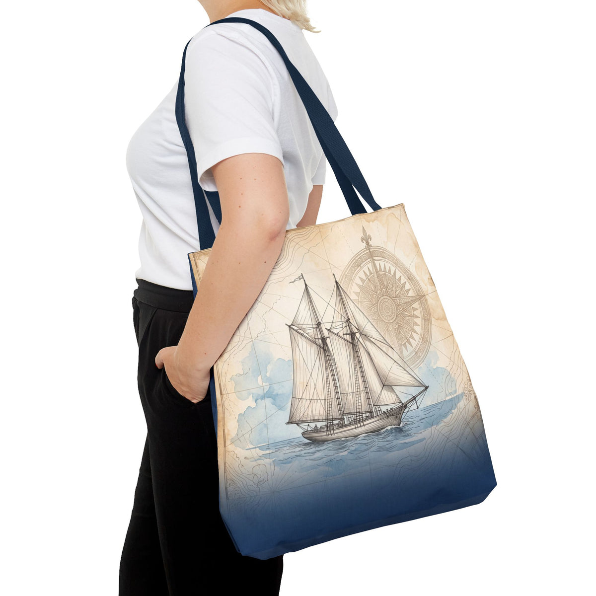 Vintage Schooner Tote Bag – Antique Nautical Map Compass Beach Bag