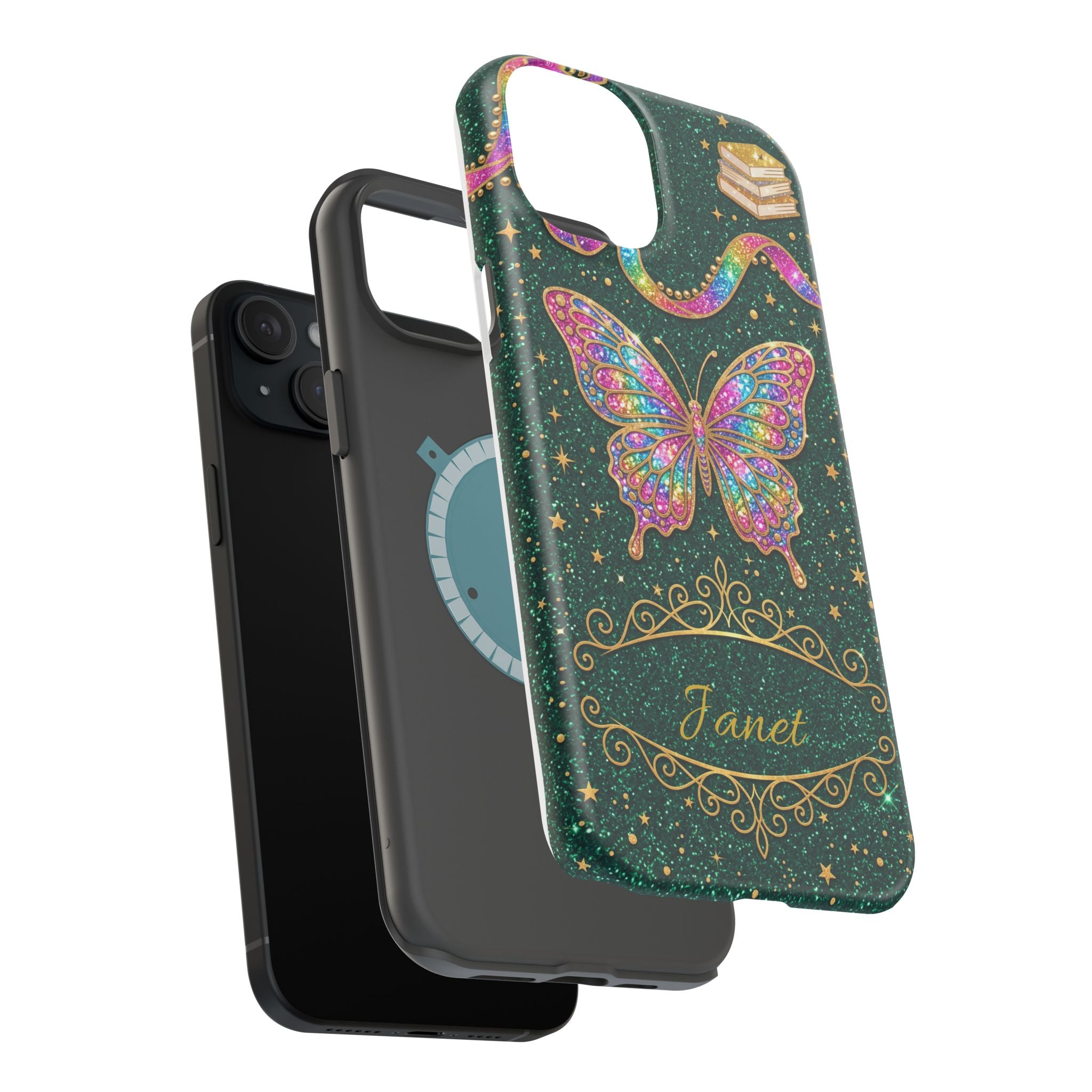 Rainbow Glitter Butterfly Personalized Teacher Phone Case — Wireless Charging Cover