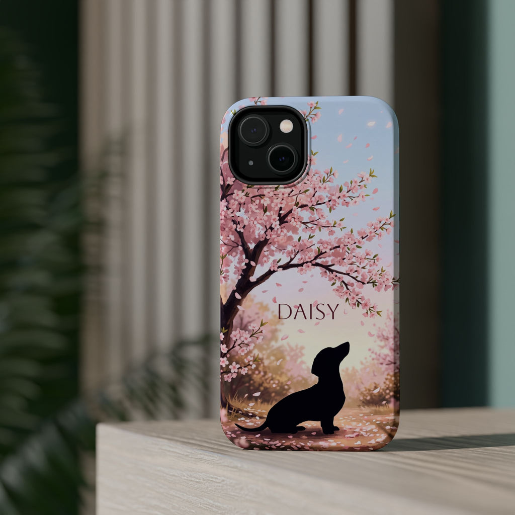 Personalized Dachshund Cherry Blossom Phone Case — Wireless Charging Cover