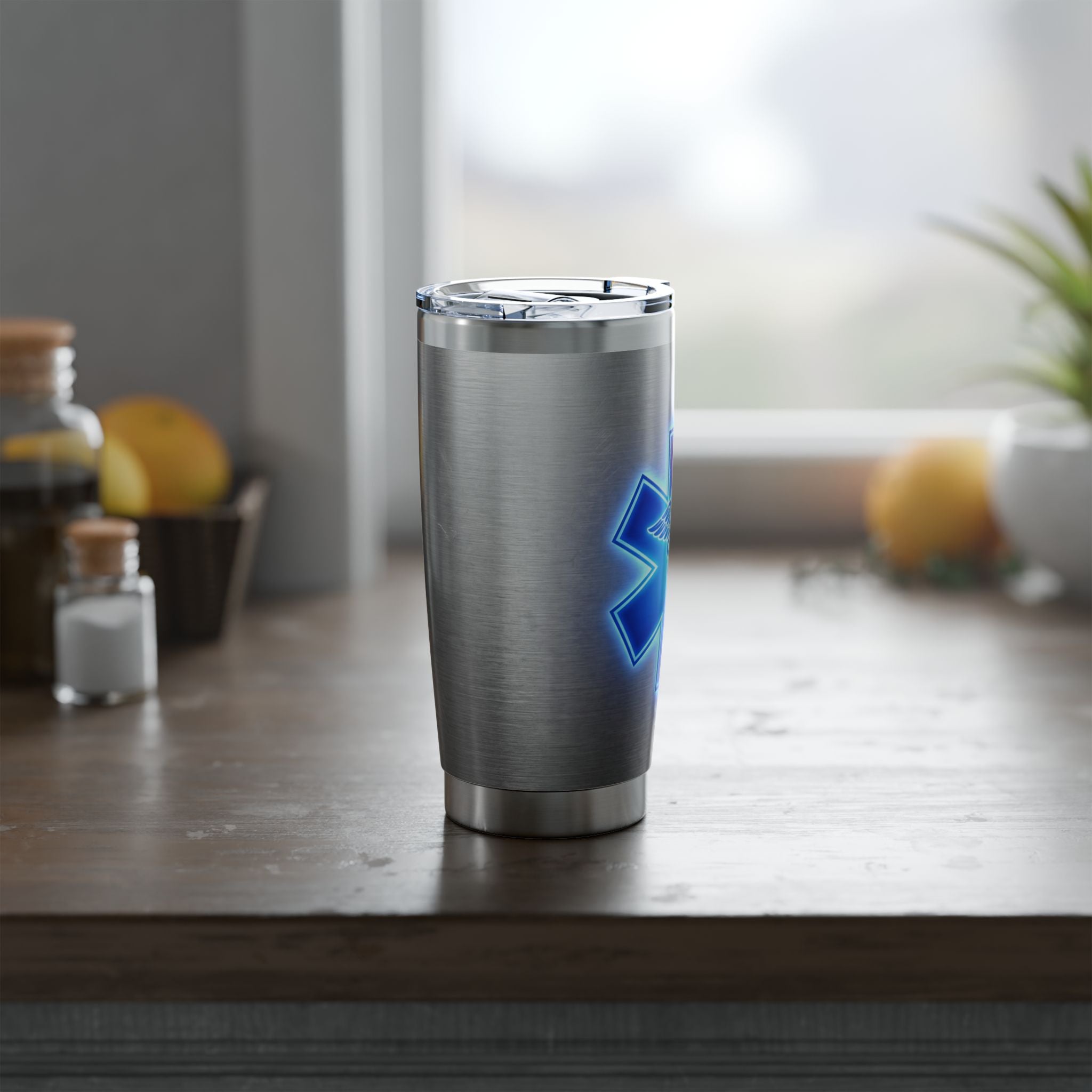 Paramedic/EMT 20oz Tumbler – Blue Glow Star of Life on Steel