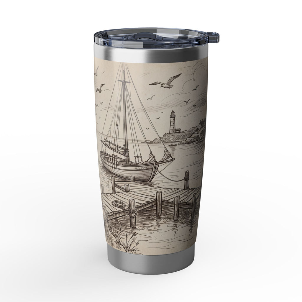 Nautical Dachshund Stainless Tumbler — 20 oz Personalized Travel Mug with Sailboat Harbour Design