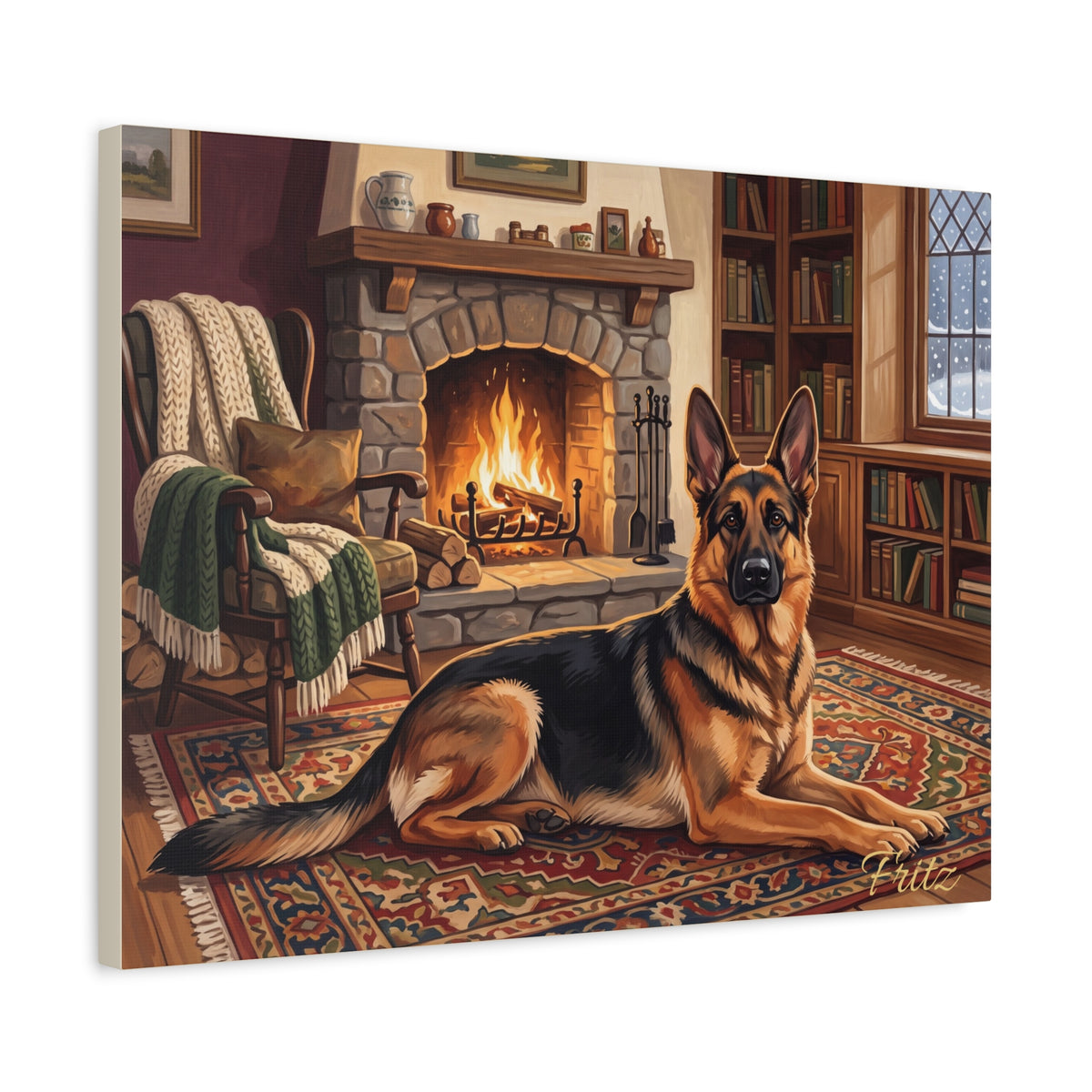 German Shepherd Personalized Canvas | Cozy Fireside Cabin Wall Art