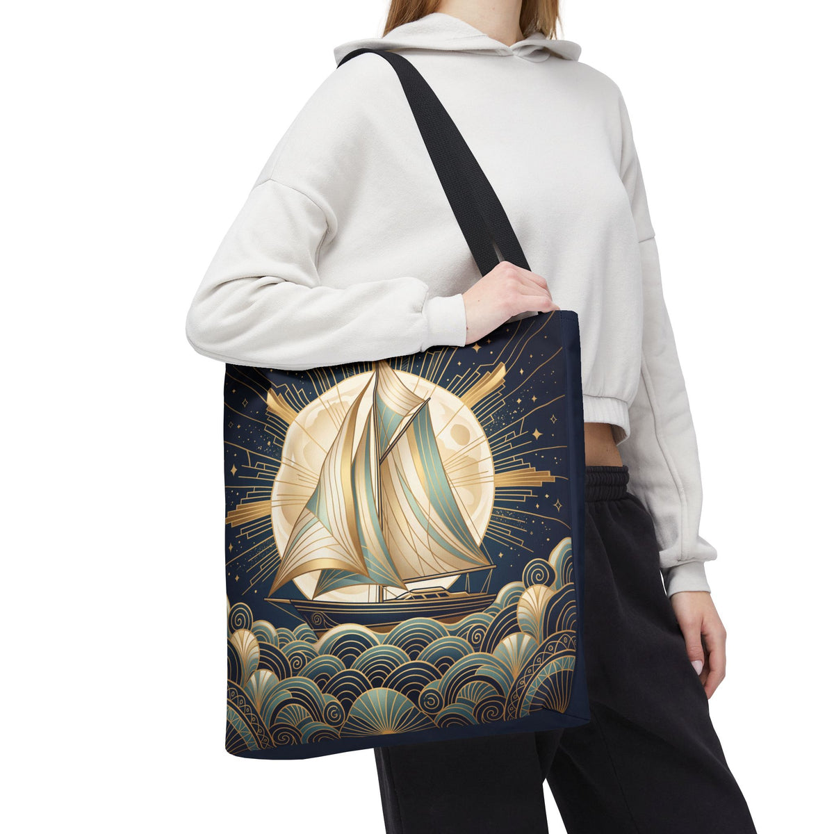 Art Deco Moonlit Sailboat Tote Bag – Starry Night Nautical Beach Bag