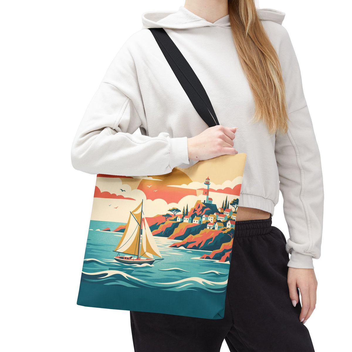 Coastal Lighthouse Sailboat Tote Bag – Retro Seaside Sunset Beach Bag
