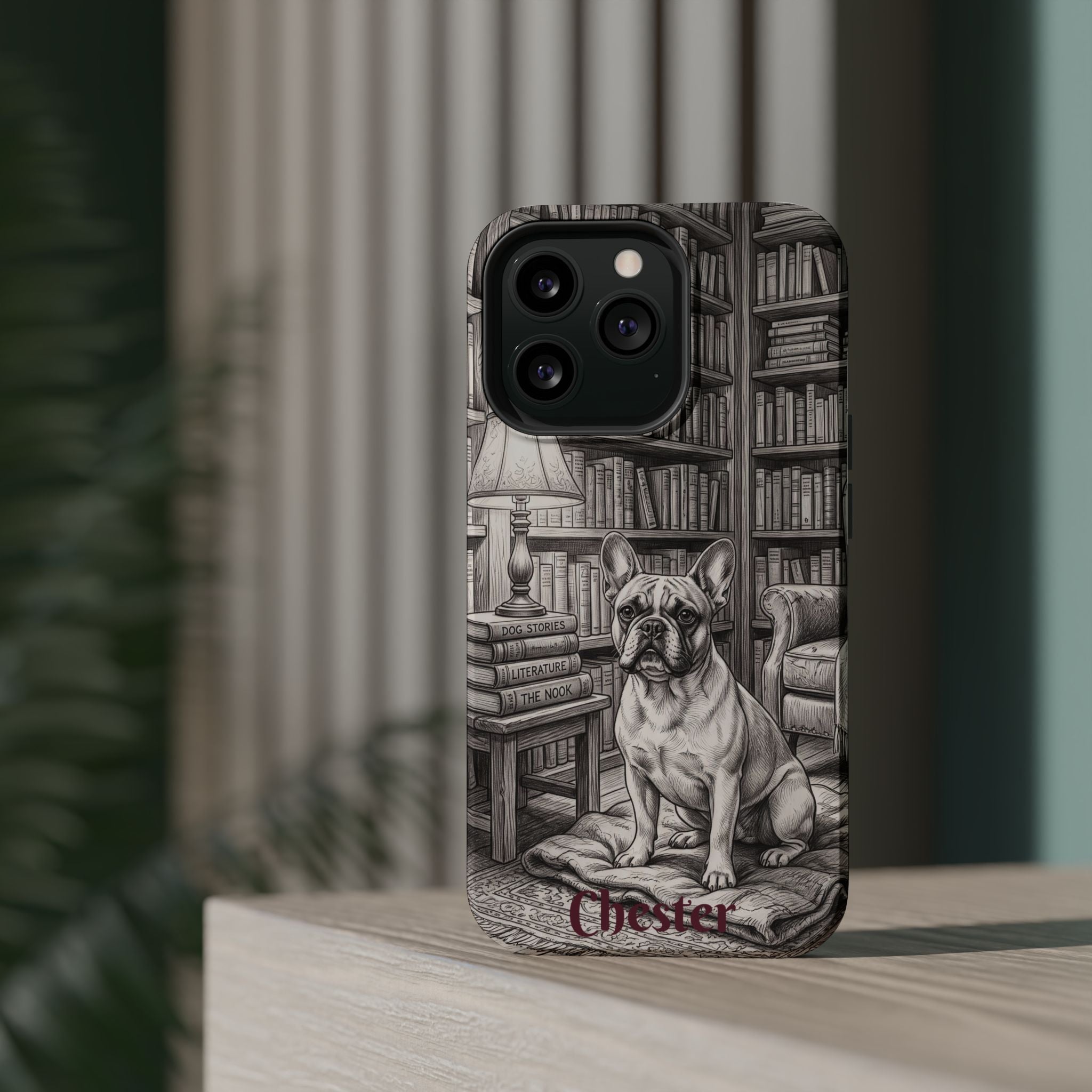 Personalized French Bulldog Library Study Phone Case — Wireless Charging Cover