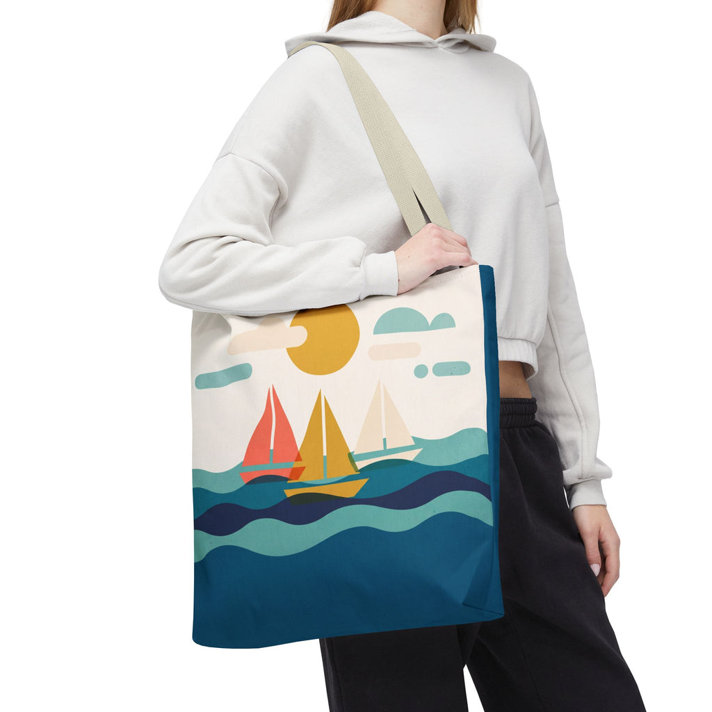 Minimalist Sailboat Tote Bag – Mid-Century Modern Ocean Waves Beach Bag