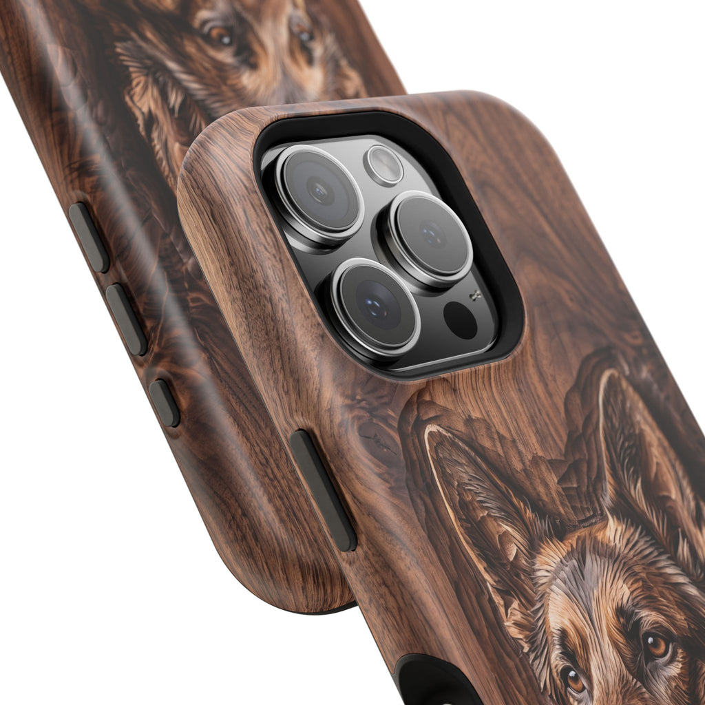 German Shepherd Phone Case | Carved Walnut Art — Tough Magnetic Case with Wireless Charging