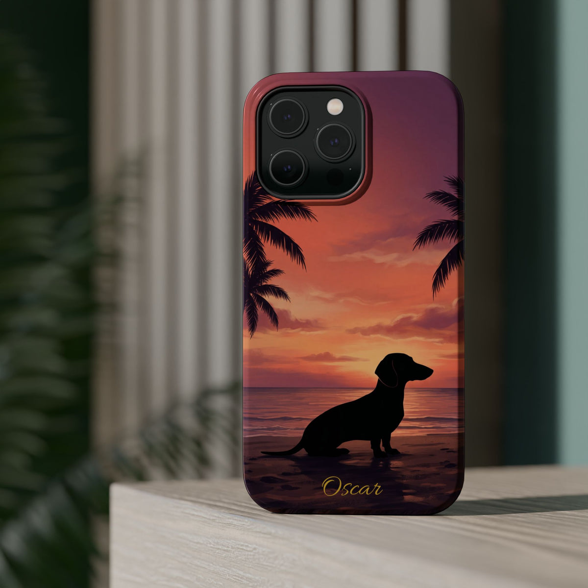 Personalized Dachshund Tropical Beach Sunset Phone Case — Wireless Charging Cover