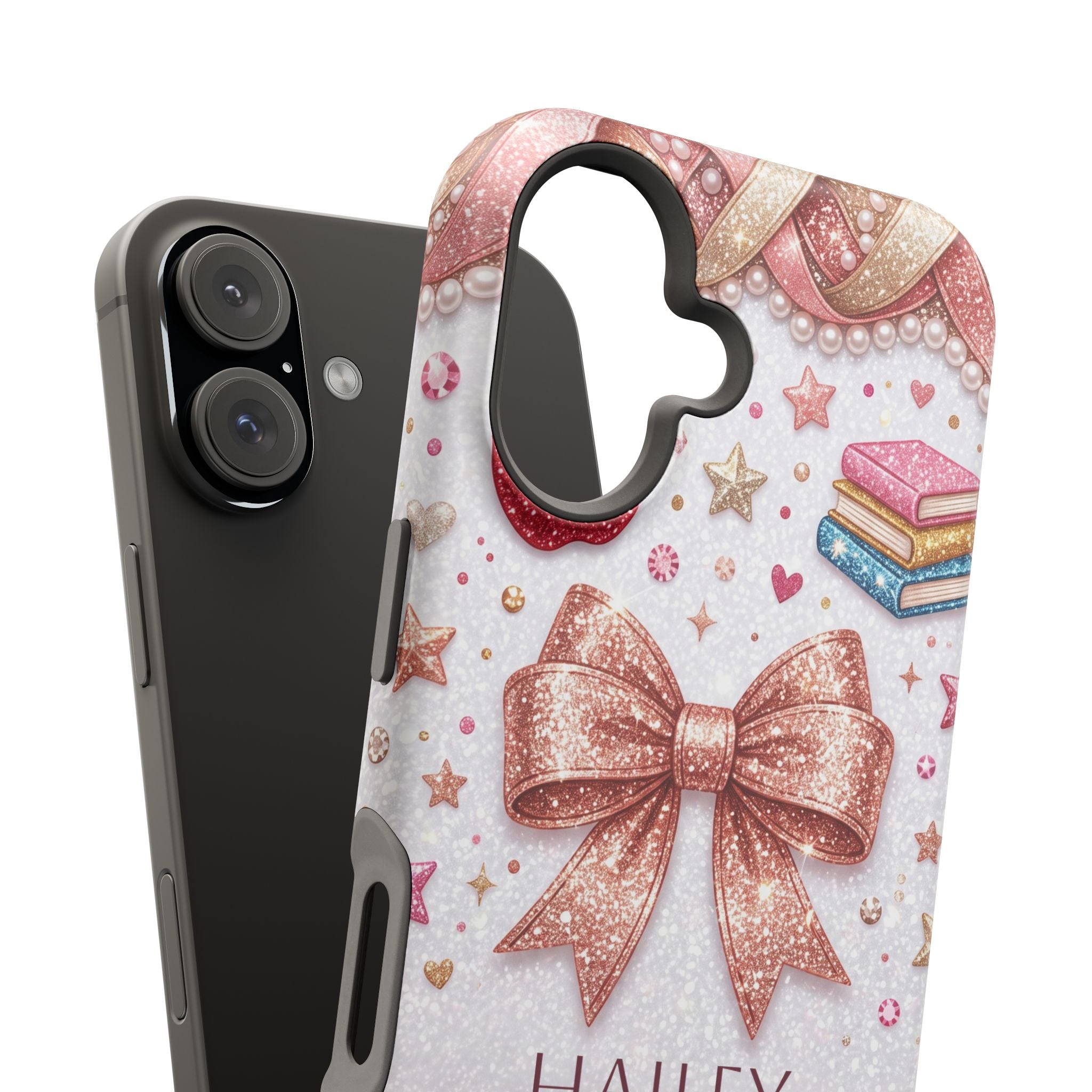 Rose Gold Glitter Bow Personalized Teacher Phone Case — Wireless Charging Cover