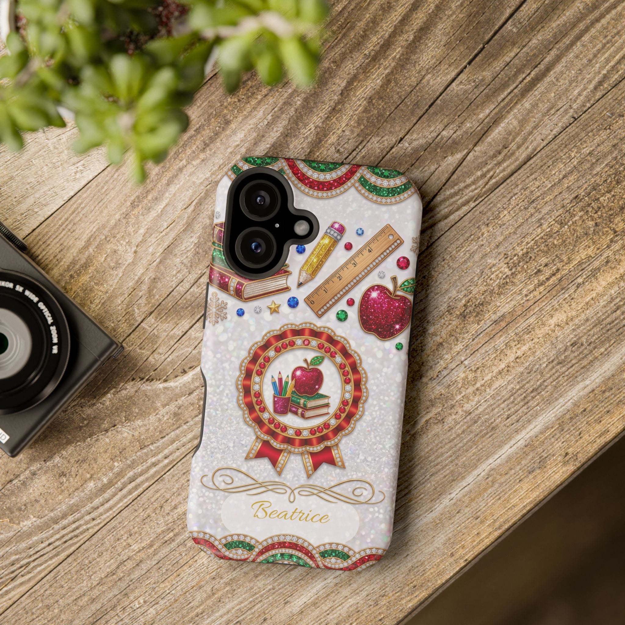 Jeweled Apple Medallion Personalized Teacher Phone Case — Wireless Charging Cover