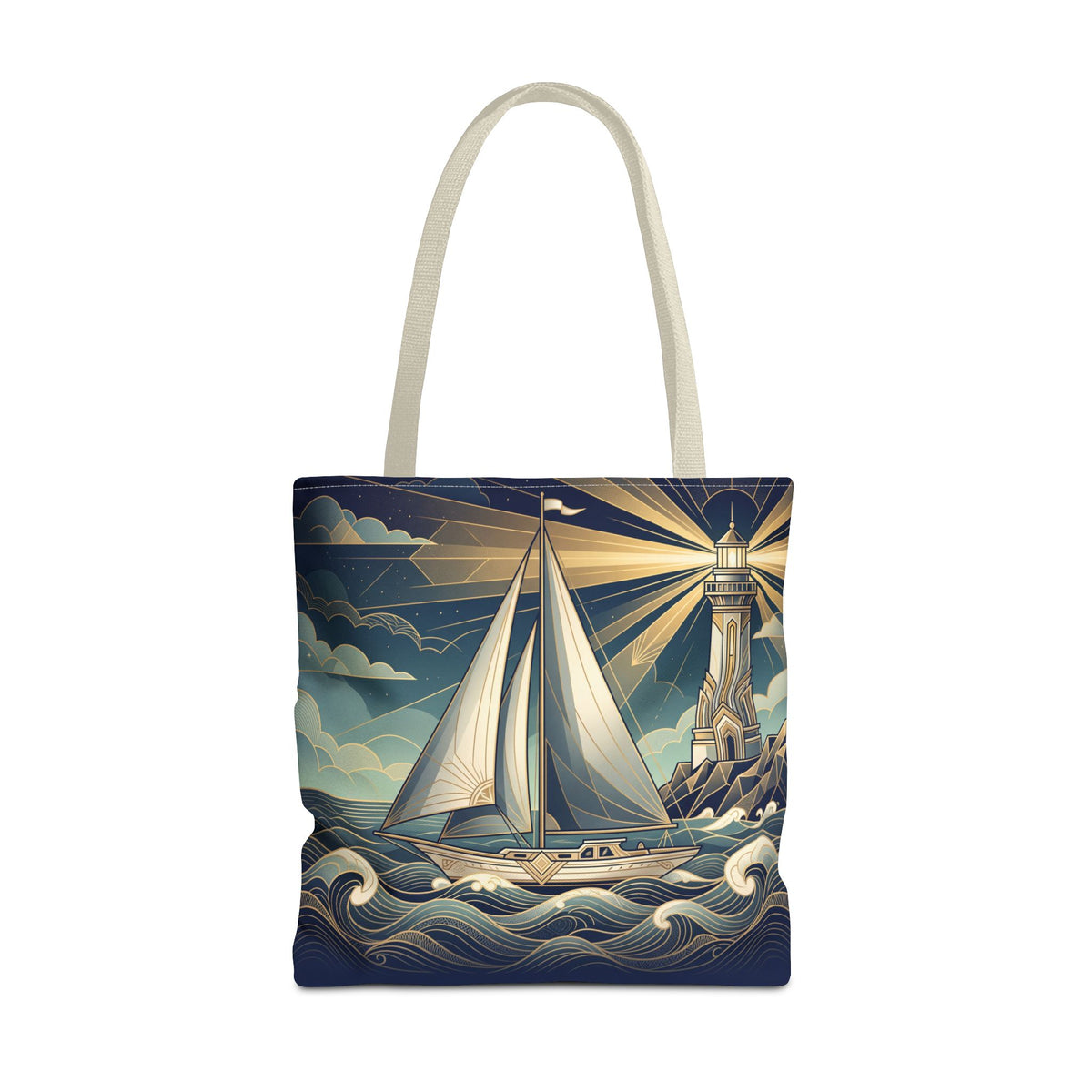 Lighthouse Sailboat Tote Bag – Nautical Art Deco Ocean Waves Beach Bag