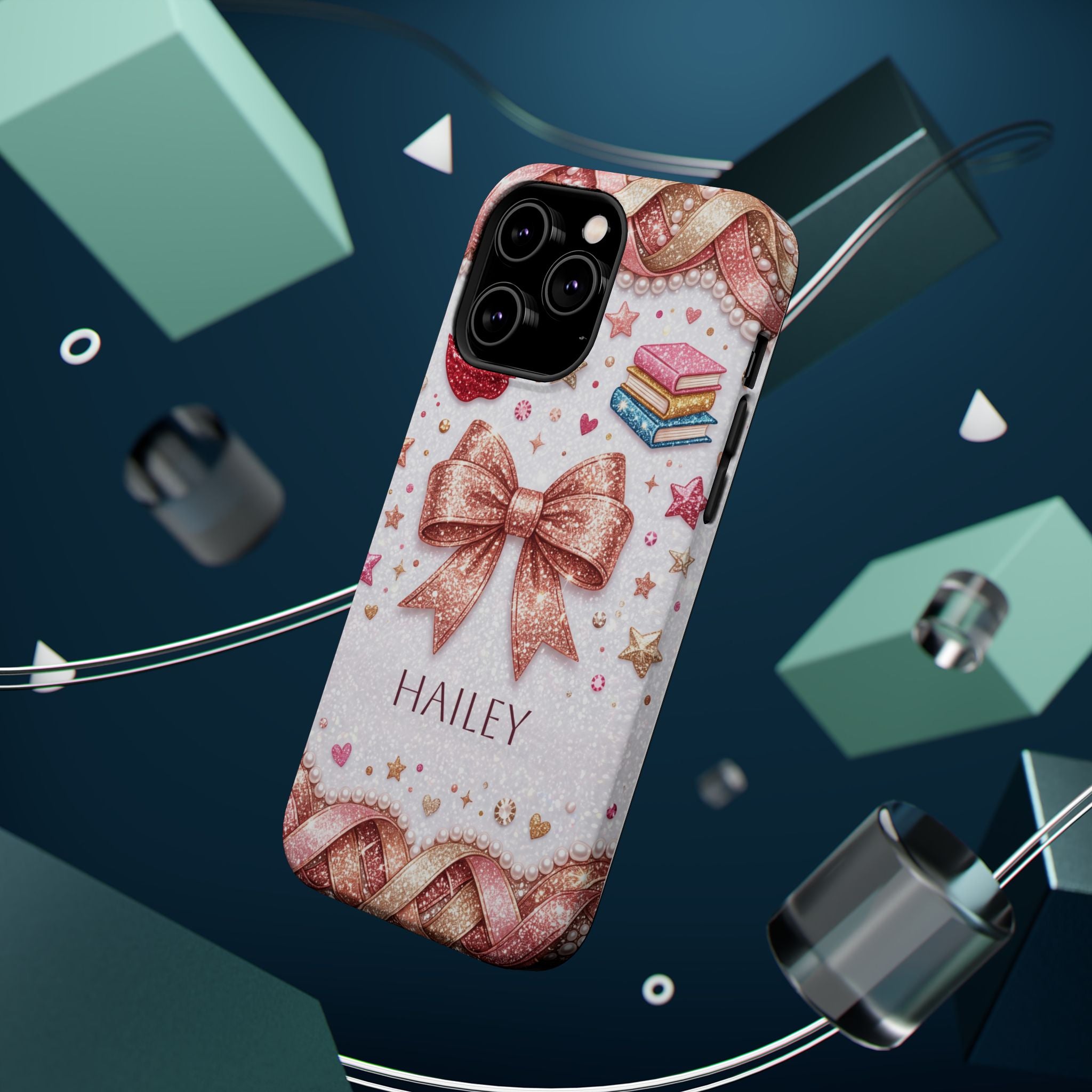 Rose Gold Glitter Bow Personalized Teacher Phone Case — Wireless Charging Cover